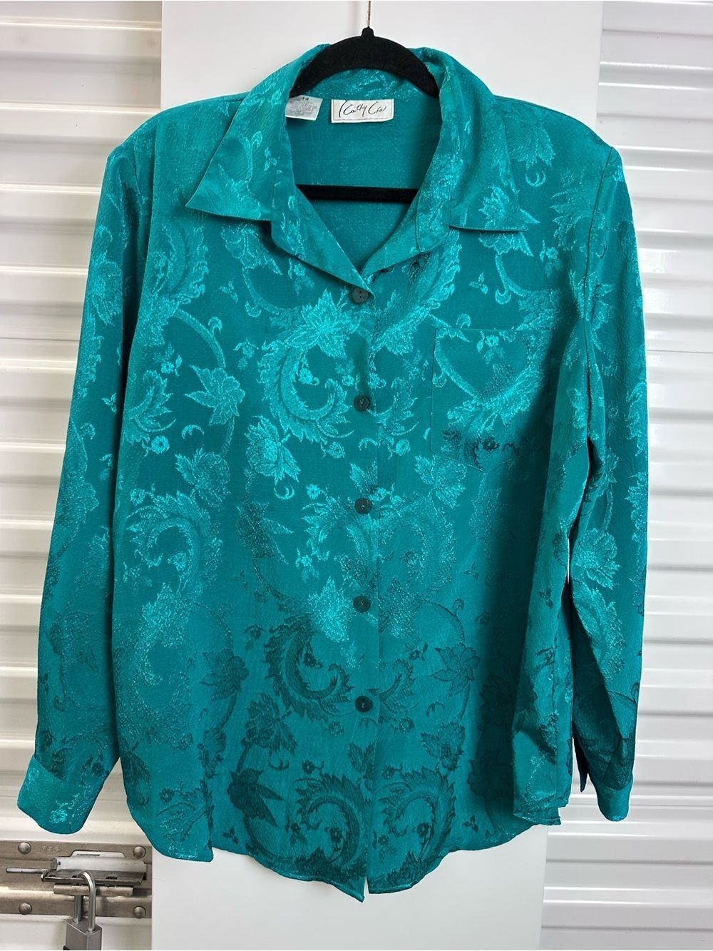 Kathy Che  Teal Jacquard Button Blouse